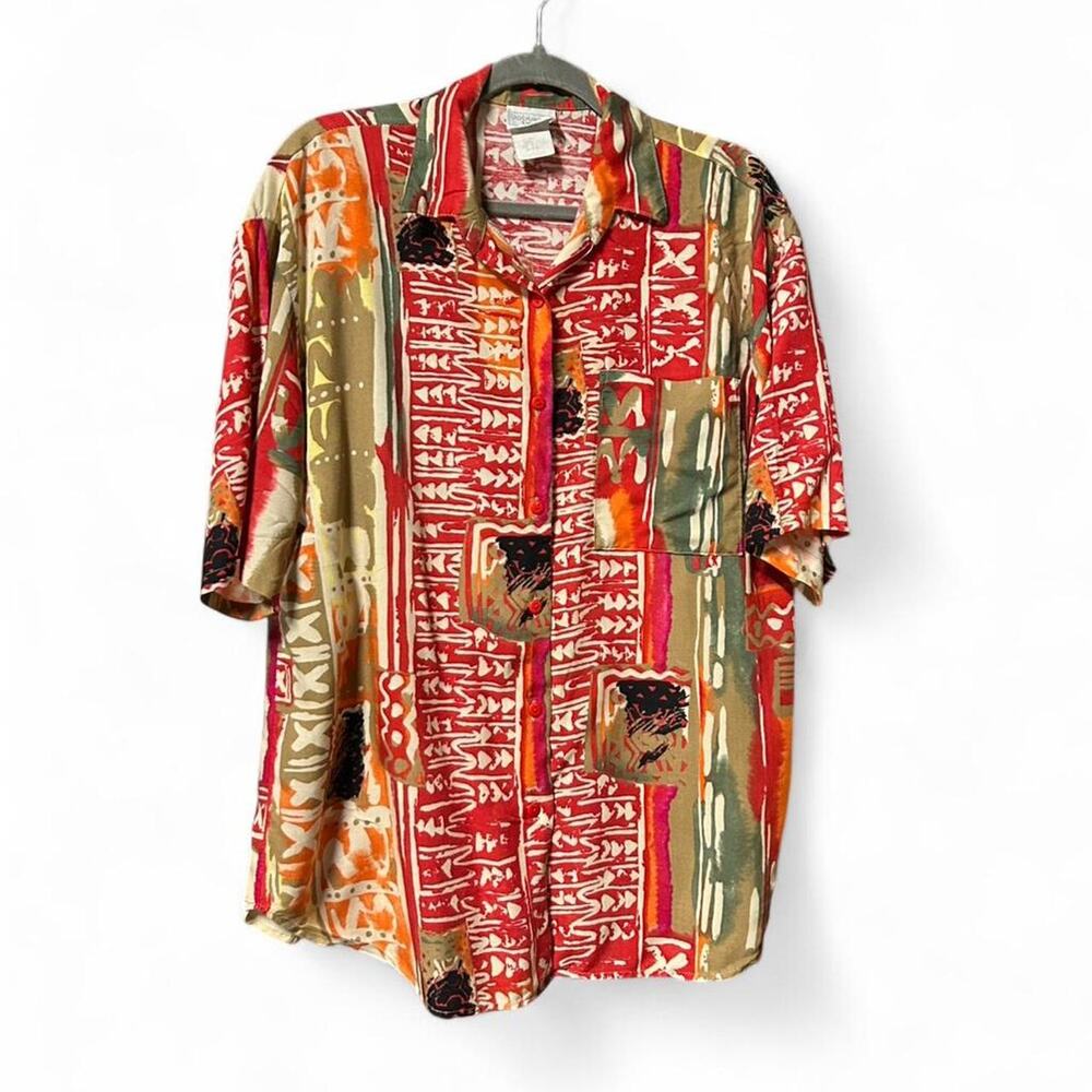L Retro 1980s abstract button up blouse with geometric tribal art print bold